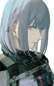 A bust shot of a pale woman with silvery-purple hair and lavender eyes.